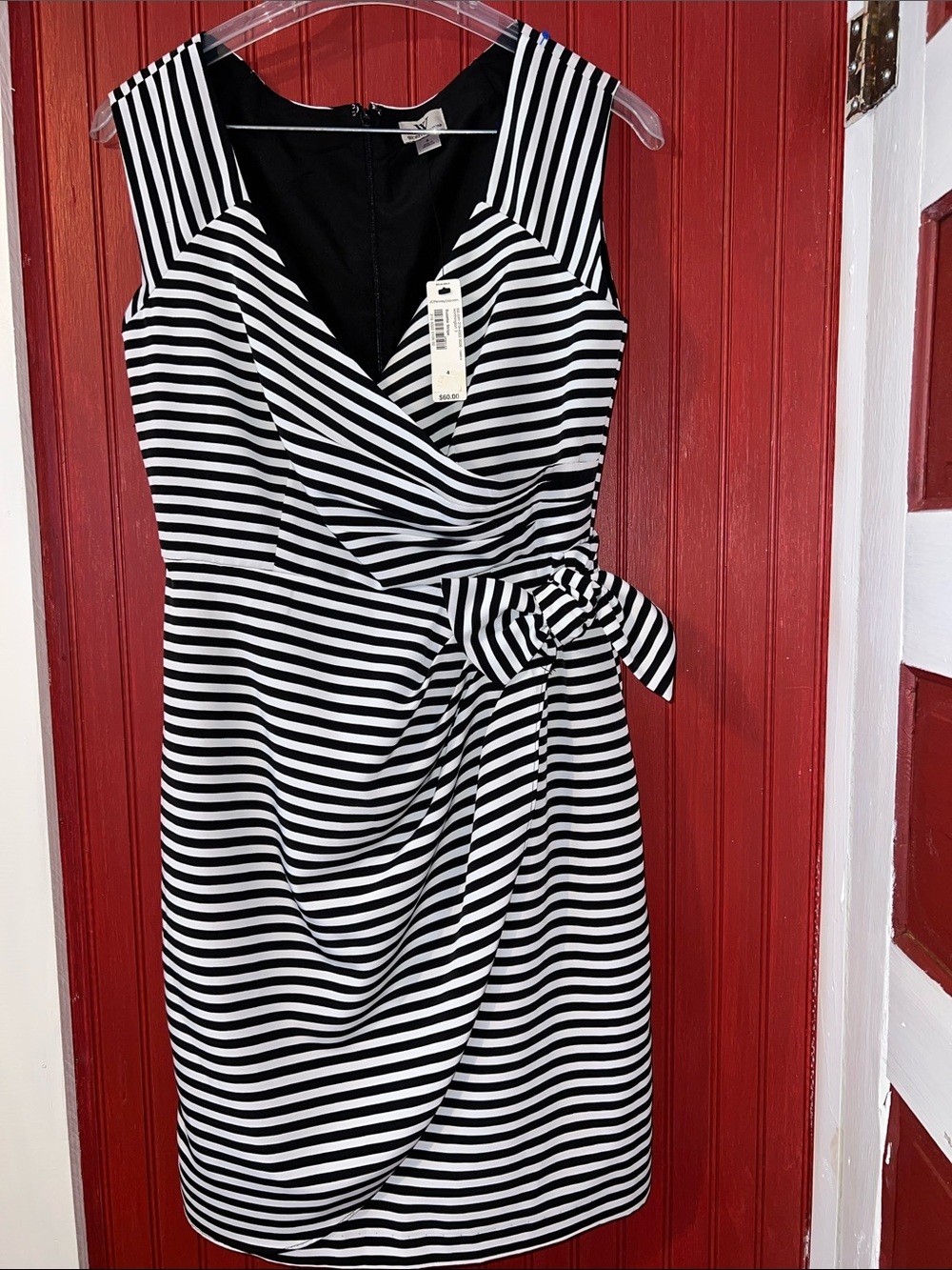 Worthington Black and White Striped Midi Wrap Style Dress with Side Bow 4